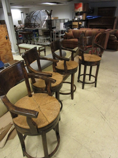 lot 412 image: WOOD BAR STOOLS WITH RUSH SEATS