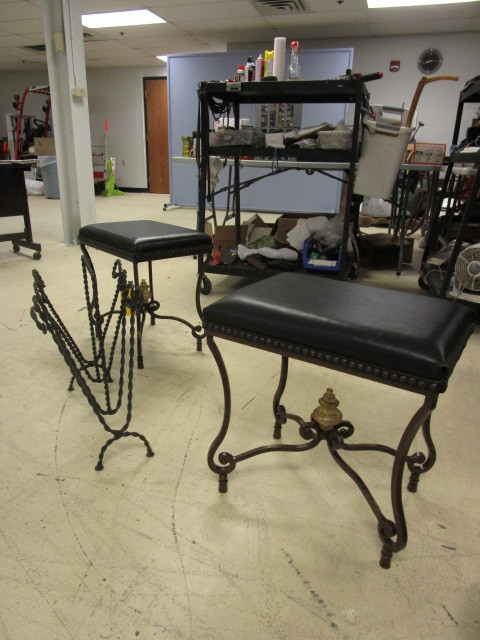 lot 426 image: WROUGHT IRON STOOLS AND MAGAZINE RACK