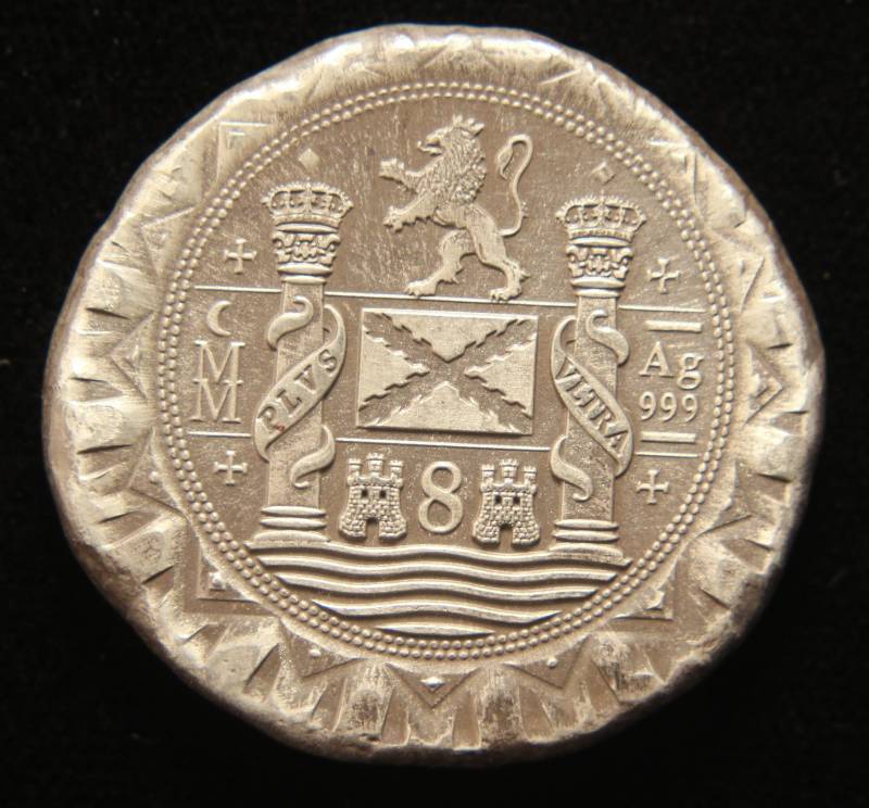 lot 05 image: RARE 1622 SILVER ATOCHA COB 8 REALE DANIEL CARR RESTRIKE MOONLIGHT MINT LION & COLUMNS SILVER FROM ATOCHA SHIPWRECK