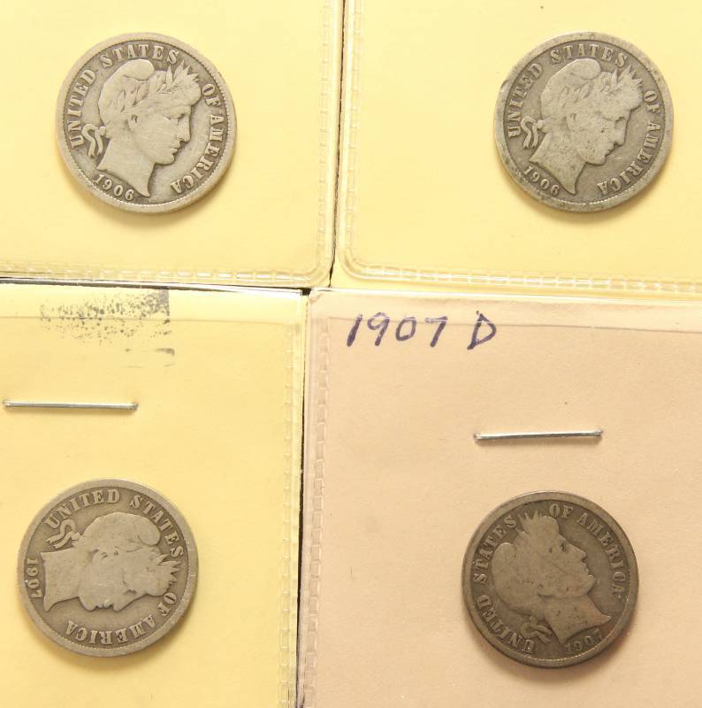 lot 13 image: GROUP OF 4 BARBER DIMES 1906-D 1906-S 1907 1907-D