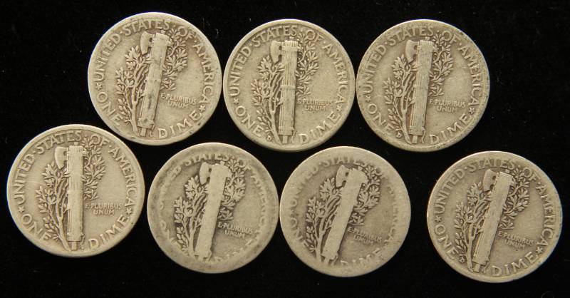 lot 22 image: GROUP OF 7 MERCURY DIMES