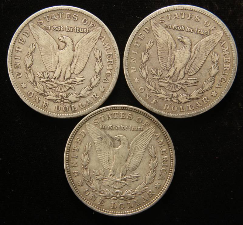 lot 46 image: 3 MORGAN SILVER DOLLARS 1884-O 1901-O 1921-D