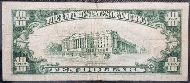 lot 15-A image: 1934-C BLUE SEAL US $10 SILVER CERTIFICATE