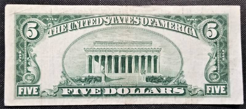 lot 26-B image: 1953-A US BLUE SEAL $5 SILVER CERTIFICATE FEDERAL RESERVE CURRENCY