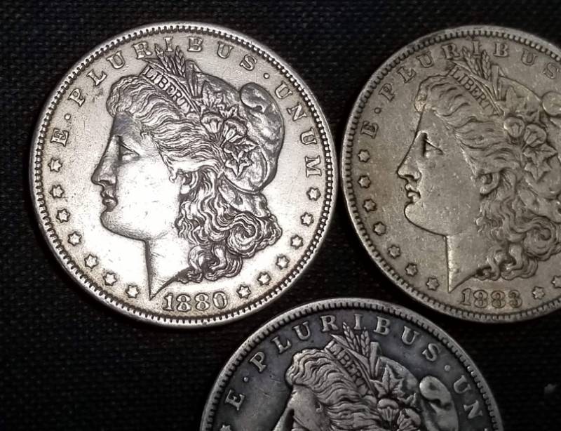 lot 11-A image: 3 MORGAN SILVER DOLLARS 1880 1883 1921