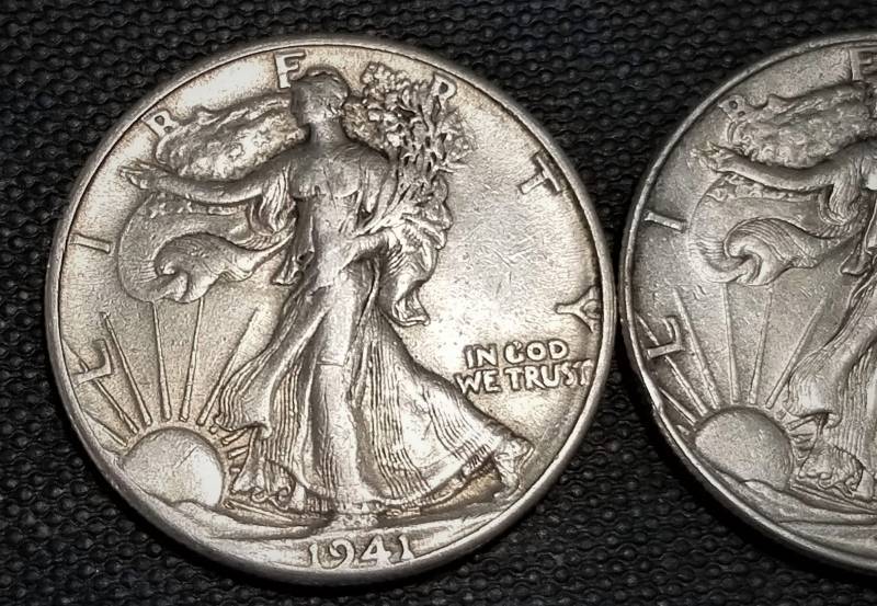 lot 19-B image: 2 WALKING LIBERTY HALF DOLLARS 1941 1945
