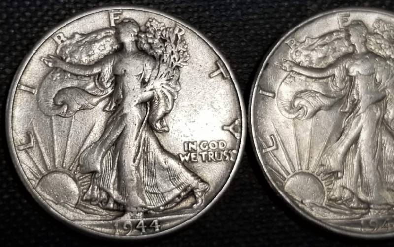 lot 21-A image: 2 WALKING LIBERTY HALF DOLLARS 1944 1946