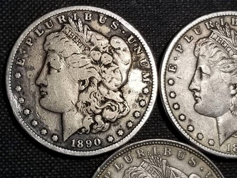lot 13-A image: 3 MORGAN SILVER DOLLARS 1890-S 1899-O 1921