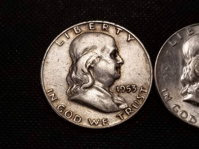lot 37-A image: 2 FRANKLIN HALF DOLLARS 1953-D 1963-D