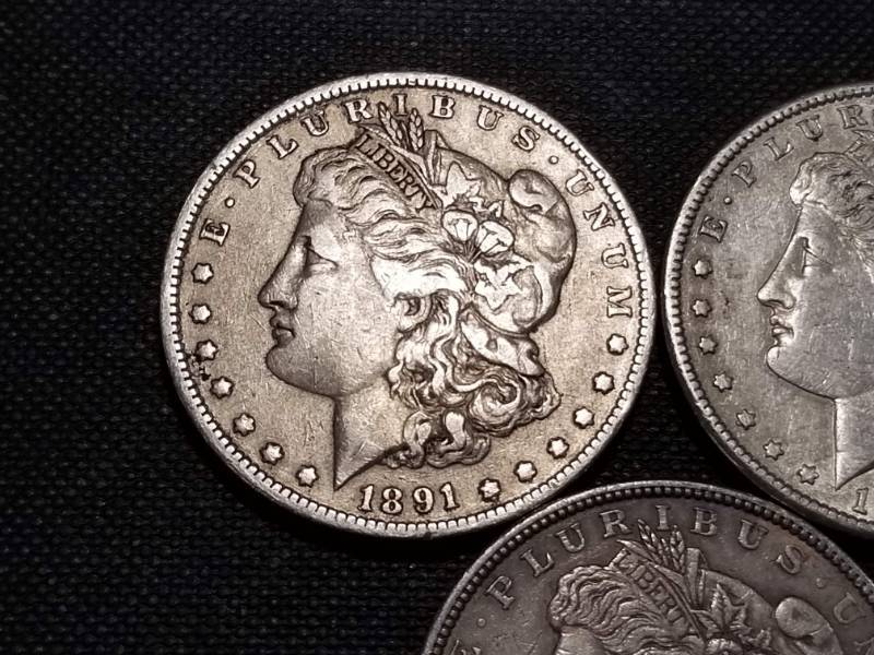 lot 37-B image: 3 MORGAN SILVER DOLLARS 1891-O 1897-S 1921