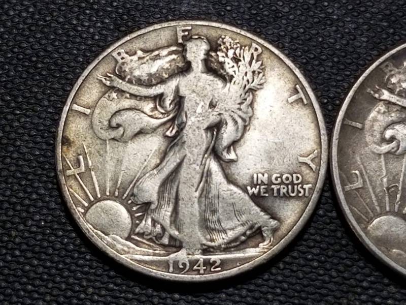 lot 28-A image: 2 WALKING LIBERTY HALF DOLLARS 1942-D 1945