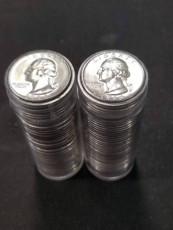 lot 04-A image: 2 ROLLS OF BU-UNC 1964 SILVER QUARTERS (80 COINS)