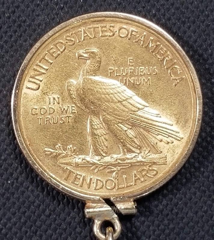 lot 02-A image: 1908 US $10 GOLD INDIAN IN BEZEL