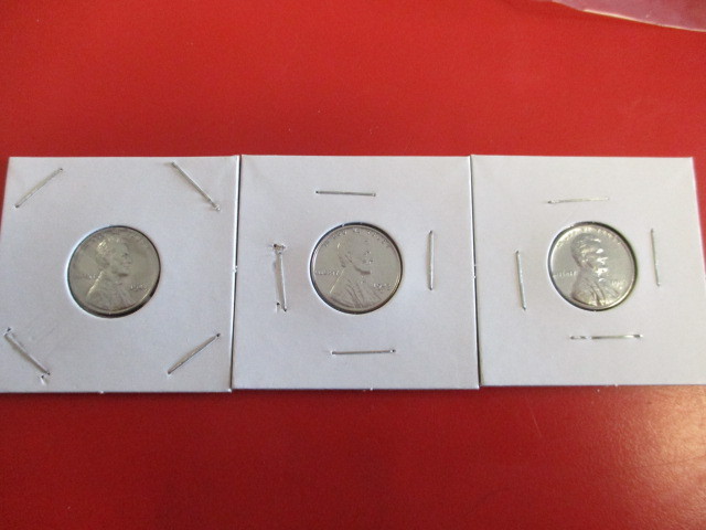 1943-P,D and S (Full Set) of Emergency Issue Steel WWII Lincoln Wheatback Pennies.