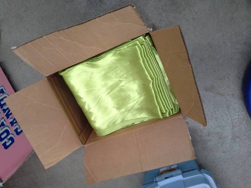 lot 334 image: Lot of (201) Lime Green Satin Chair Sashes, Satin Table Runners, Lamour Satin Table Runners