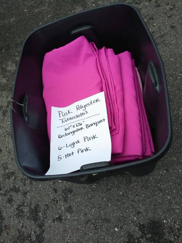 lot 232 image: Lot of (11) Pink Polyester Tablecloths Rectangular Banquet