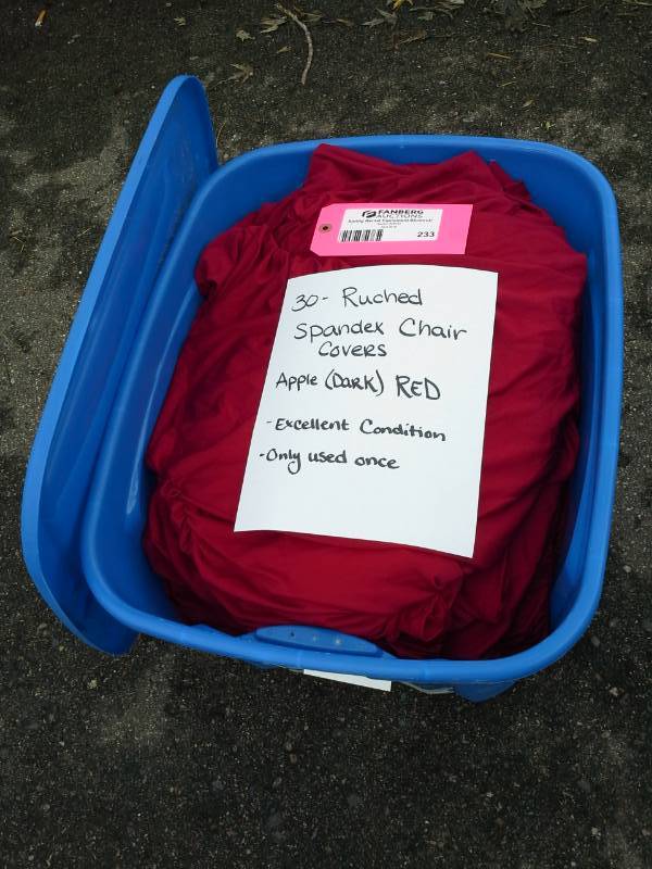 lot 233 image: Lot of (30) Apple (Dark) Red Ruched Spandex Chair Covers