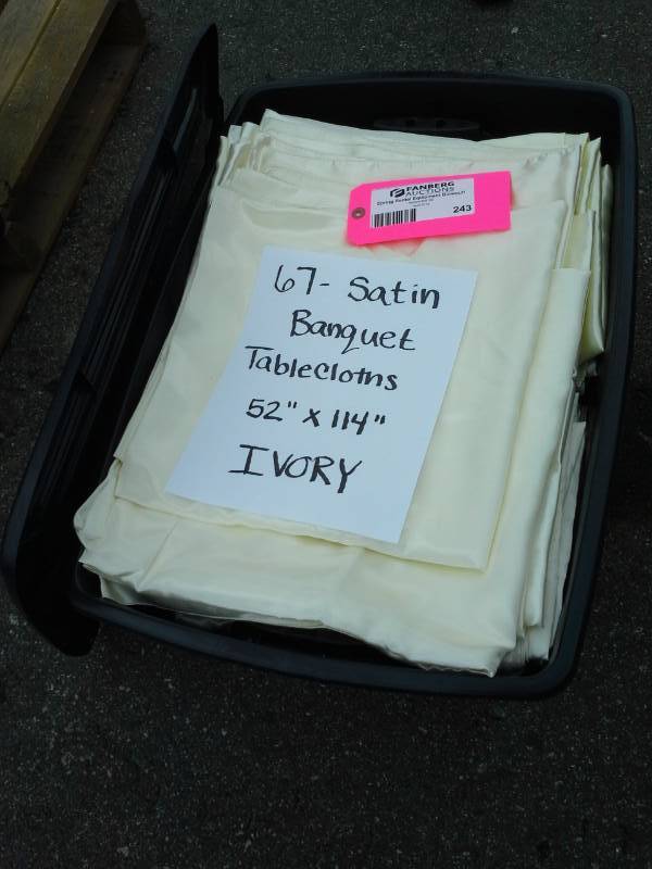 lot 243 image: Lot of (67) Ivory Satin Banquet Tablecloths