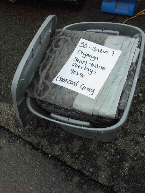 lot 246 image: Lot of (30) Charcoal Gray Satin and Organza Swirl Table Overlays