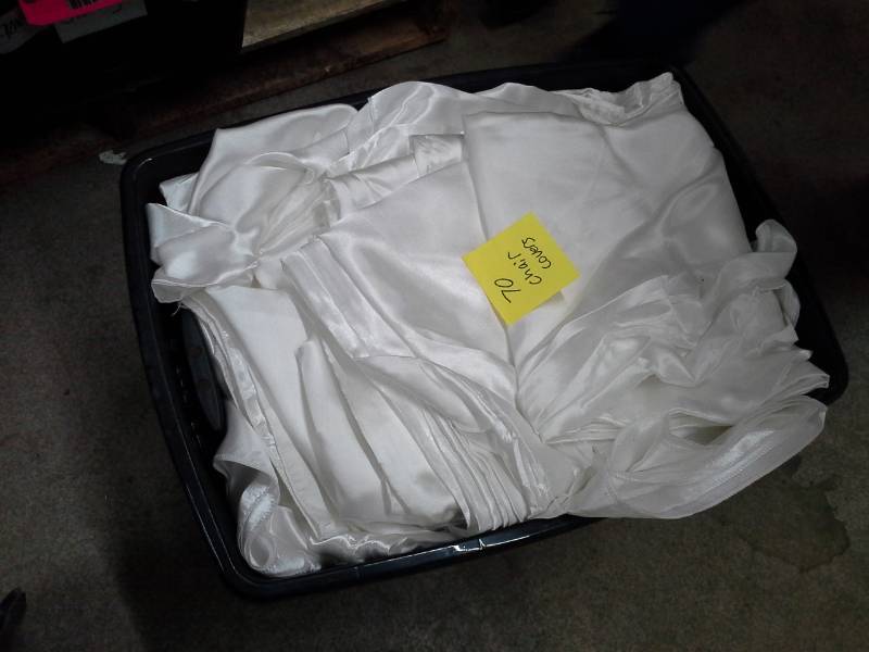 lot 296 image: Lot of (70) White Satin Universal Chair Covers