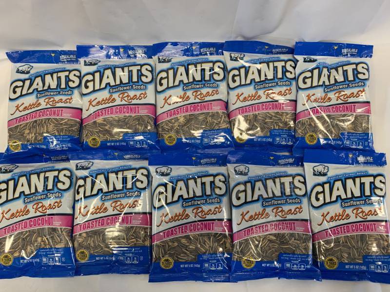 lot 2 image: 10 Bags Kettle Roasted Toasted Coconut Giants Sunflower Seeds