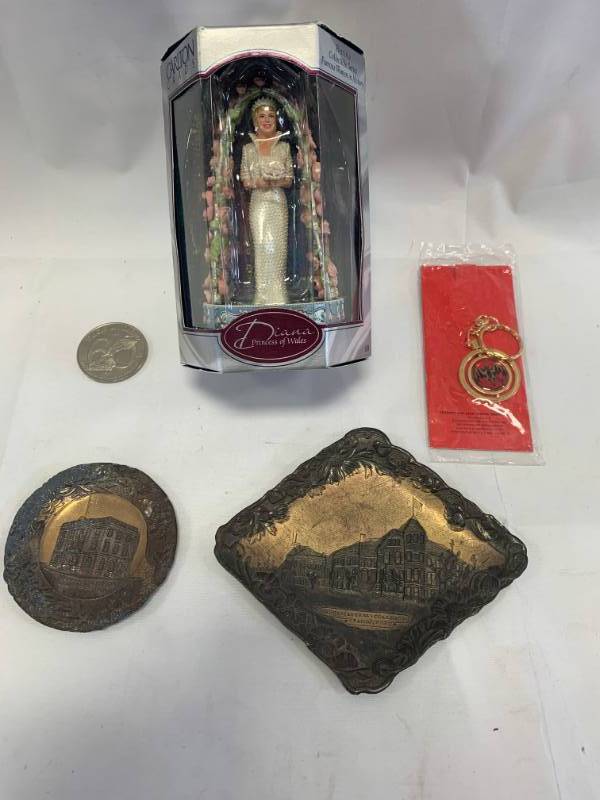 lot 38 image: Princess Diana Figurine, 2 Plates, Ducks Unlimited Coin, Bacardi Keychain
