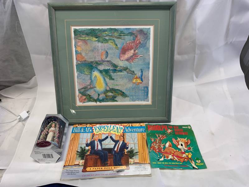 lot 54 image: Framed Fish Print 17 x 17 & Princess Diana Figurine