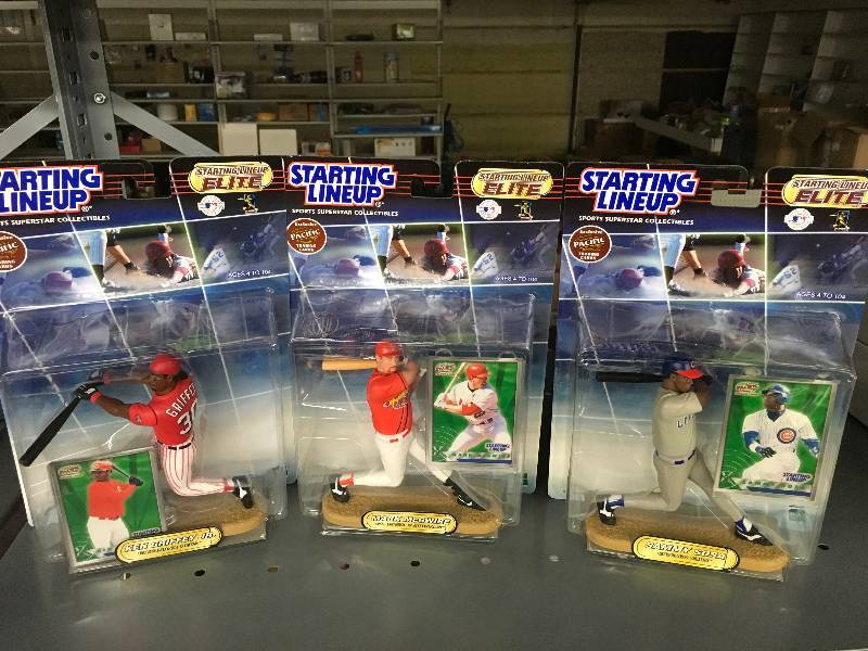 lot 193 image: Three Starting Lineup Figurines- Ken Griffey Jr, Mark Mcgwire, Sammy Sosa