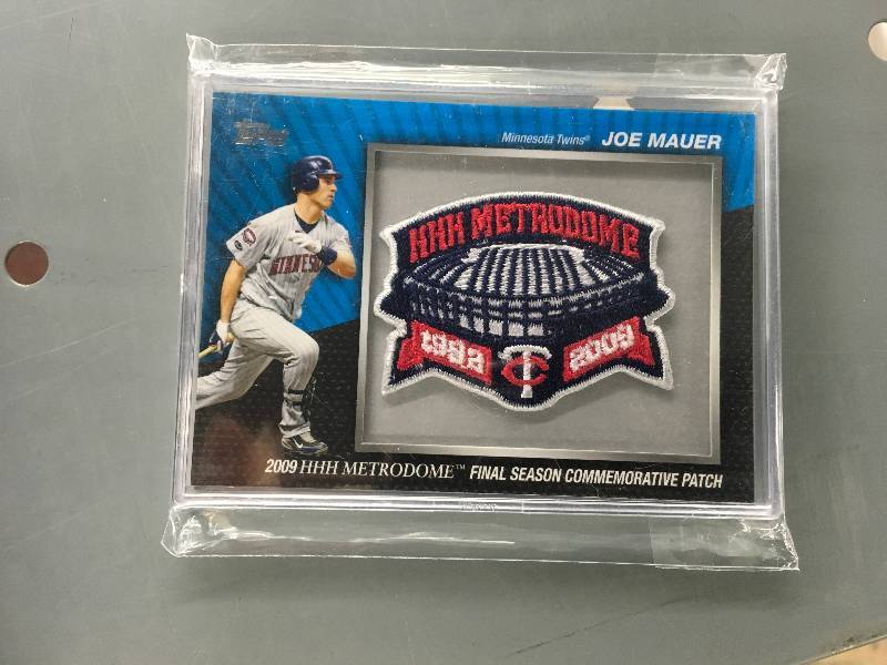 lot 232 image: Joe Mauer 2009 HHH Metrodome Final Season Commemorative Patch Card