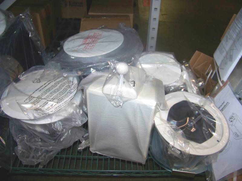 lot 72 image: (LARGE LOT) Miscellaneous In-Ceiling  Mounted Speakers, Ceiling Tile Brackets, Speaker Back Cans - NEW