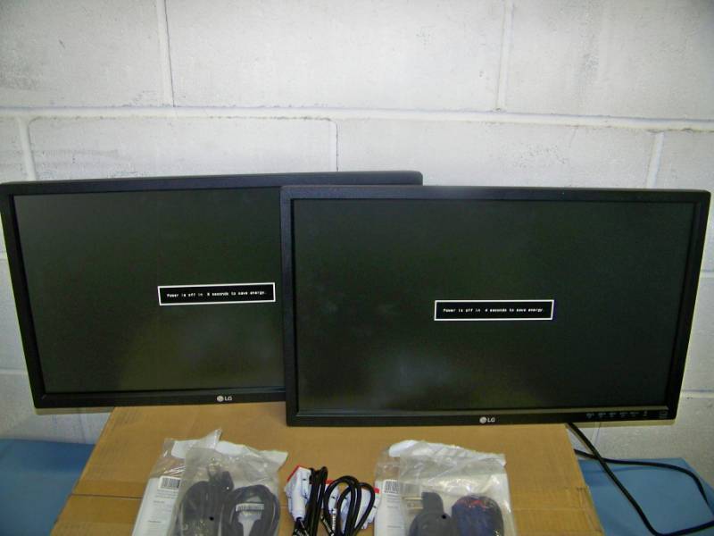 lot 80 image: (2) LG Flat Screen Computer  PC Monitors and (1) Ergotron, Dual Monitor Stand - NEW in Original Box
