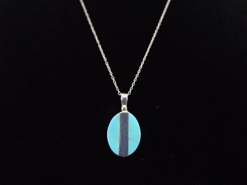 .925 Sterling Silver Inlayed Turquoise Pendant Necklace