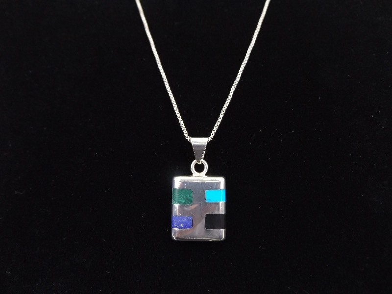 .925 Sterling Silver Inlayed Turquoise, Malachite, Lapis and Onyx Pendant Necklace