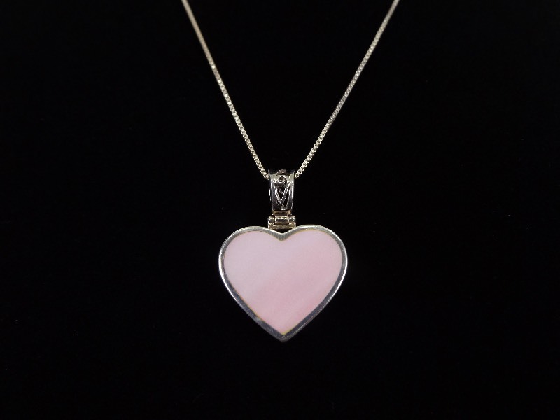 .925 Sterling Silver Inlayed Rose Quartz Heart Pendant Necklace