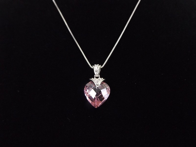 .925 Sterling Silver Diamond Accented Faceted Pink Crystal Heart Pendant Necklace