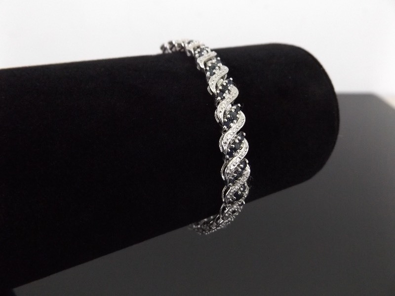 .925 Sterling Silver Diamond Accented Sapphire Bracelet