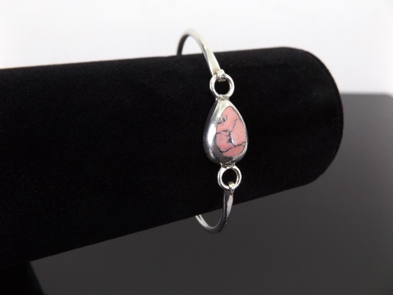 .925 Sterling Silver Pink Howlite Cabochon Bangle Bracelet