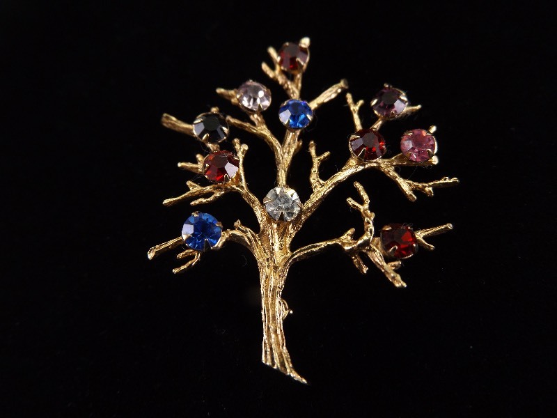 .925 Sterling Silver Faceted Multi Colored Stone Vermeil Tree Brooch