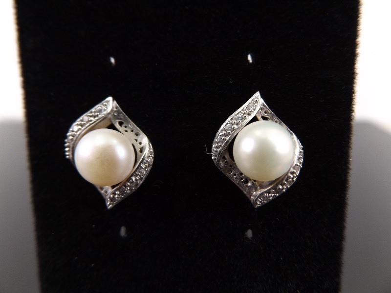 .925 Sterling Silver Cultured Pearl Diamond Accented Earrings