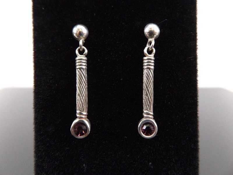 .925 Sterling Silver Faceted Amethyst Bar Dangle Earrings