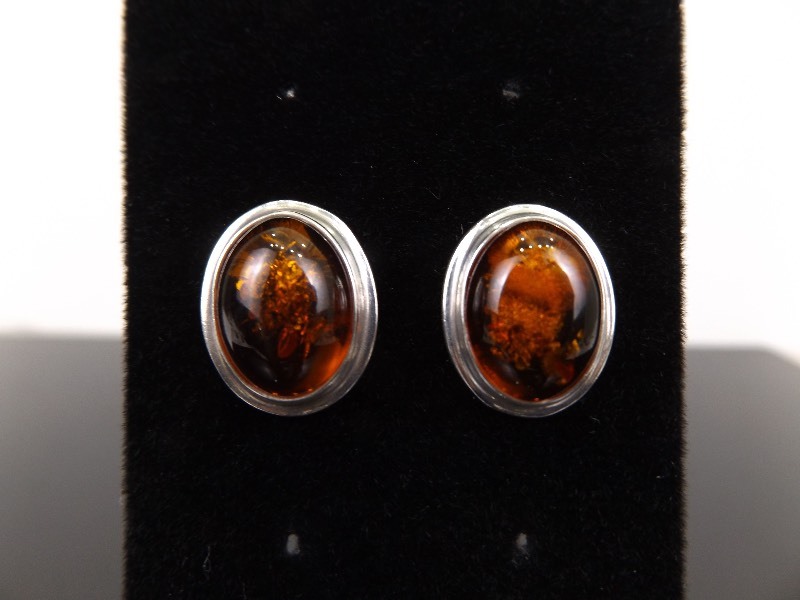 .925 Sterling Silver Amber Cabochon Earrings