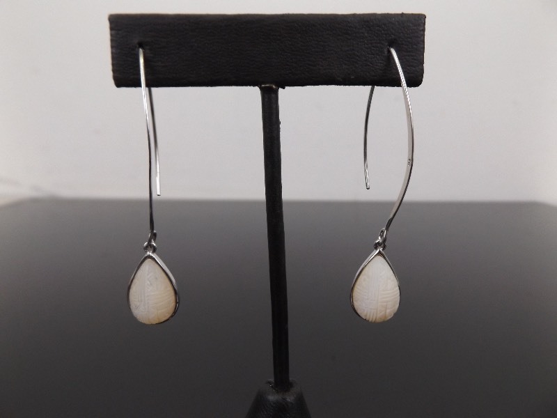 .925 Sterling Silver Carved White Chalcedony Dangle Earrings