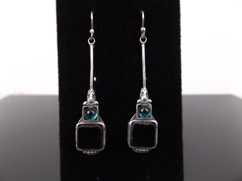 .925 Sterling Silver Blue Art Glass Dangle Earrings