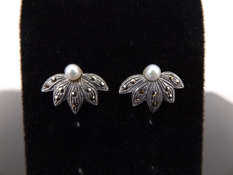 .925 Sterling Silver Art Nouveau Cultured Pearl Fan Earrings