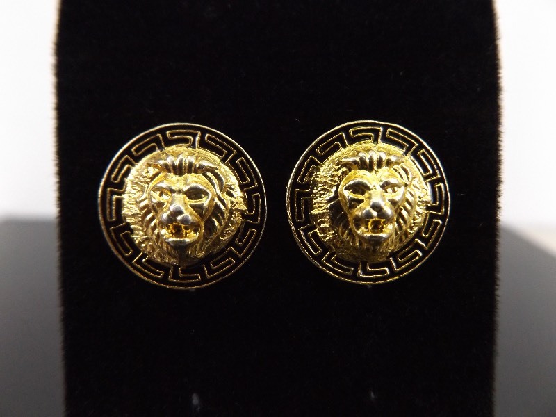.925 Sterling Silver Greek Key Lions Head Vermeil Earrings