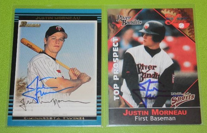 lot 20 image: 2002 Bowman and 2001 Multi Ad Justin Morneau In Person Autograph Lot