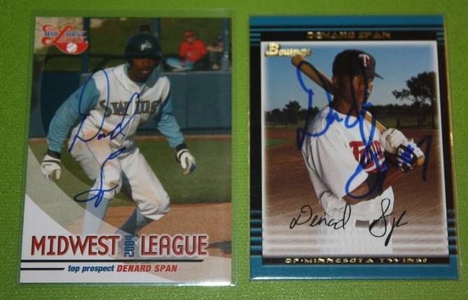 lot 40 image: 2004 Grandstand and 2002 Bowman Denard Span In Person Autograph Lot