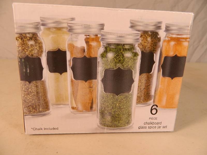 New 6 Piece Chalkboard Glass Spice Jar Set