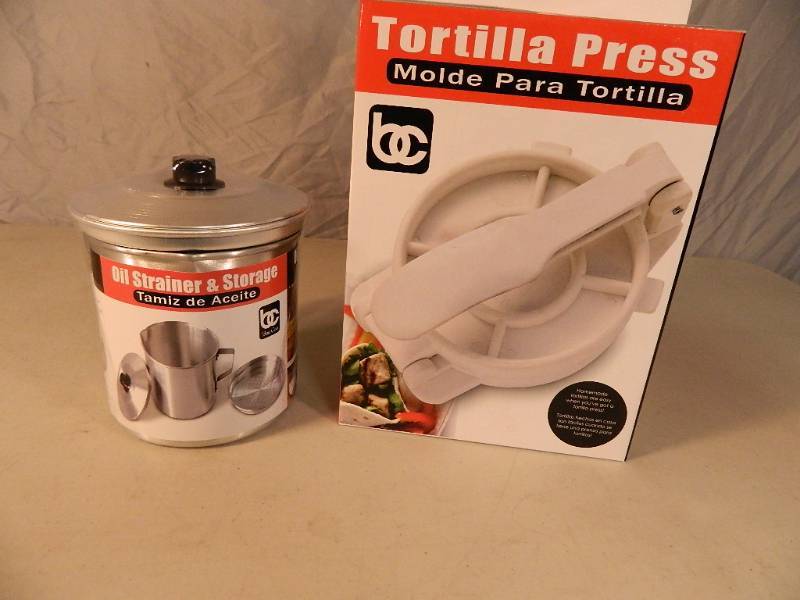 New Tortilla Press and Oil Strainer and Storage