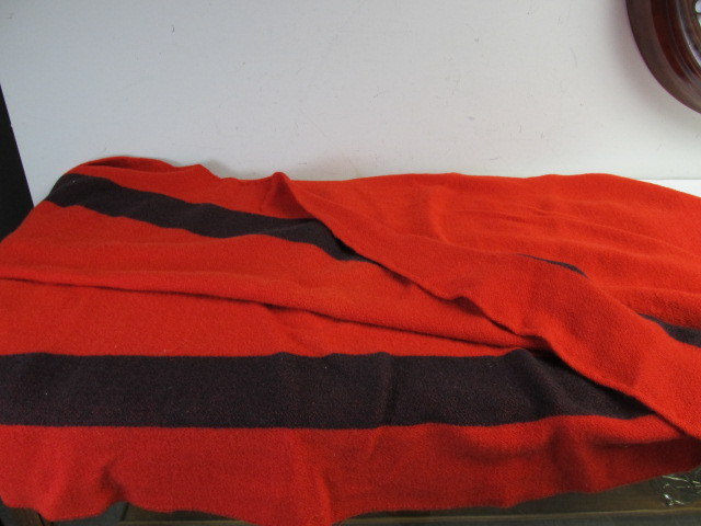 lot 16 image: Old Vintage Red wBlack Stripes Wool Blanket